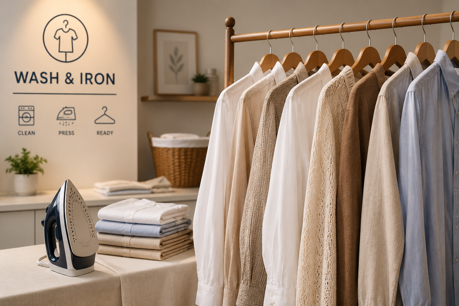 Freshly ironed garments on hangers